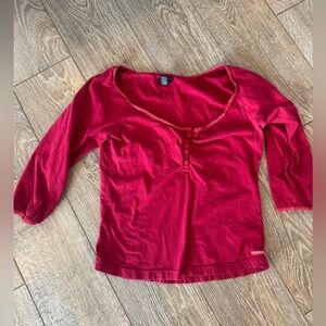 American eagle bright pink scoop neck Henley top with lace trim size S